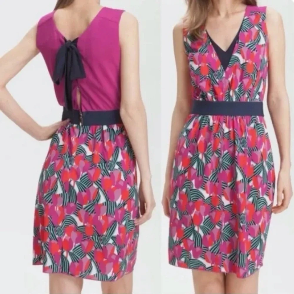 TORY BURCH Women’s Pink Blue Tulip AUGUSTINA Floral V-Neck Logo Dress Tie Sz XS